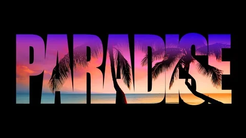 4K Palm Tree Sunset Silhouette, Tropical Paradise Beach Background Animated Text Stock Footage 71660105