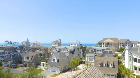 4K Pan of Beautiful Ocean Side Neighborhood from High Vantage Point Stock Footage 109373911