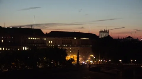 4K Pan right aerial view Palace Westminster and London Eye at twilight landmark Stock Footage