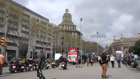 4K Pan right Catalonia Square with Francesc Macia monument Barcelona attraction Stock Footage 77733877