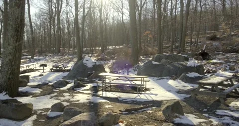 4K Pan Right Footage of Empty Picnic area with snow during winter, NY, US Stock Footage 146542489
