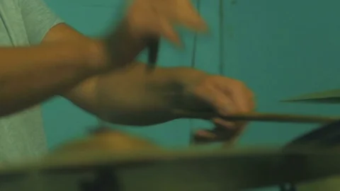 4k pan shot of active drummer playing on drums Video stock 83886043