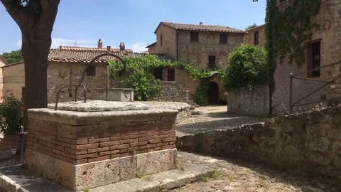 4K pan View of small square in Rocca D'Orcia, Siena, Tuscany, Italy Stock Footage 80148081