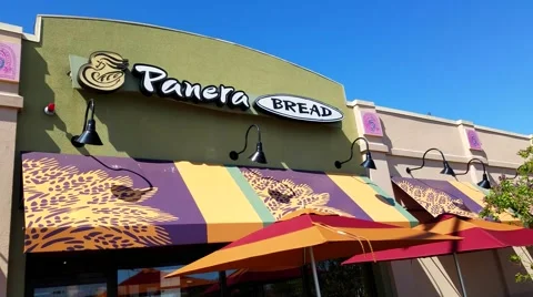 4K Panera Bread restaurant, front canvas signage Stock Footage 63649555
