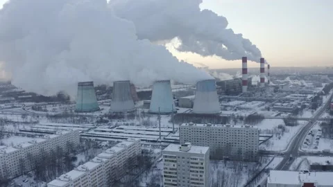 [4K] Panning aerial shot of huge steam cloud/power station in Moscow, Russia Stock Footage