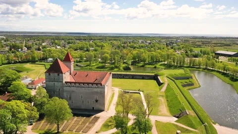 4K panoramic aerial video from flying drone to Kuressaare Castle Stock Footage 276902802