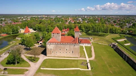 4K panoramic aerial video from flying drone to Kuressaare Castle Stock Footage 276902897