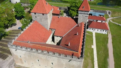 4K panoramic aerial video from flying drone to Kuressaare Castle Stock Footage 276902909