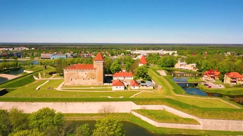 4K panoramic aerial video from flying drone to Kuressaare Castle Stock Footage 276902967