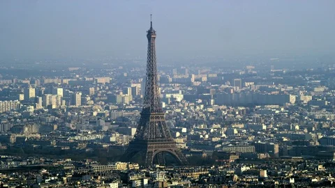 4K Panoramic aerial view, the Eiffel Tower &amp; buildings &amp; skyscrapers in Paris Stock Footage 77146961