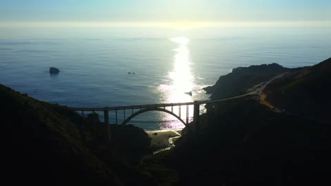 4k Panoramic aerial view over arch Bixby Creek Bridge. Big Sur. California. USA Video stock 274439819