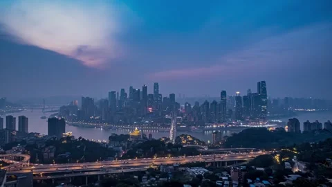 4K Panoramic Day-to-Night Time-lapse of CBD Buildings in Yuzhong District, C Stock Footage 338364042