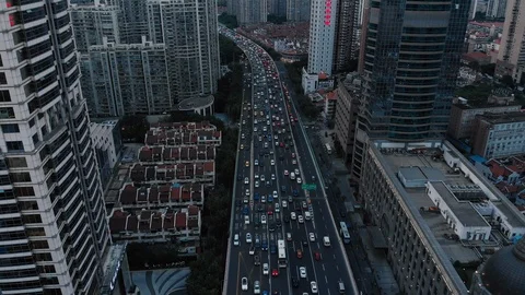 4K Panoramic Drone Footage of Shanghai streets full of driving cars and Stock Footage 99607750