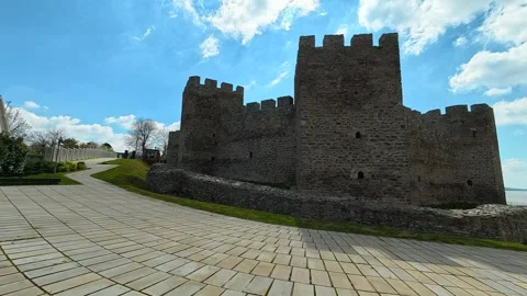 4K Panoramic Front View of Medieval Fortress – Ancient Stone Heritage Landmark Video stock 332543943