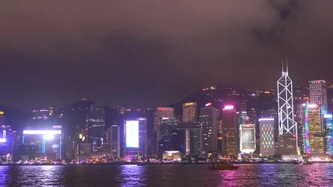4k, panoramic night view harbor of Hong kong, HongKong, China Stock Footage