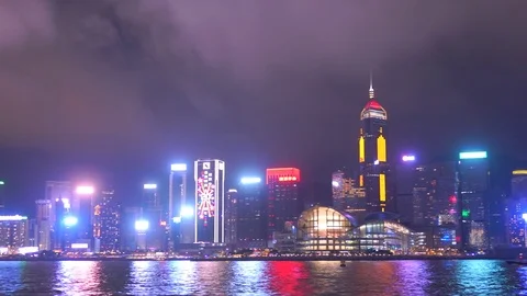 4k, panoramic night view harbor of Hong kong, HongKong, China Stock Footage