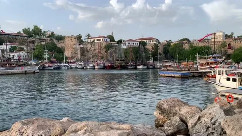 4k panoramic stock video of ancient historical yacht port marina in old town  Stock Footage 130882739