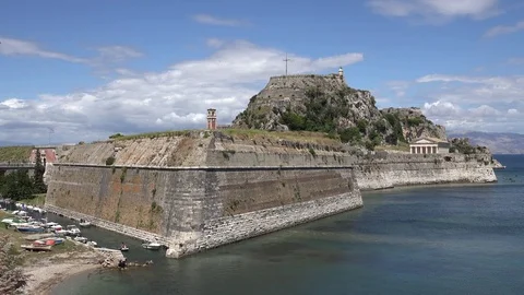 4K Panoramic view ancient fortification wall in Corfu town Venetian fortress day Stock Footage 78767278