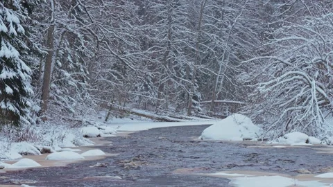 4k, A panoramic view of the brown Roshchinka River, partially covered with ice Video stock 326557149