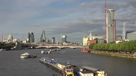 4K Panoramic view business building Shard tower cruise boat Thames River London  Stock Footage 51783360