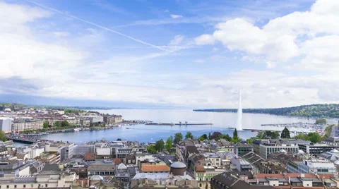 4k Panoramic view of city of Geneva, the Leman Lake and the Water Stock Footage 37763444