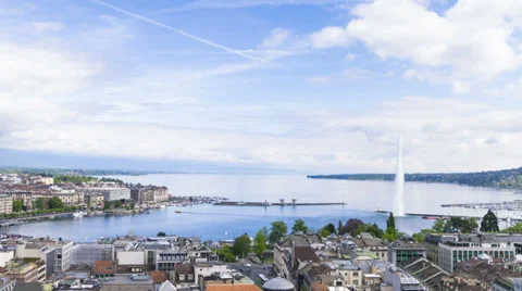 4k Panoramic view of city of Geneva, the Leman Lake and the Water Stock Footage 37764058
