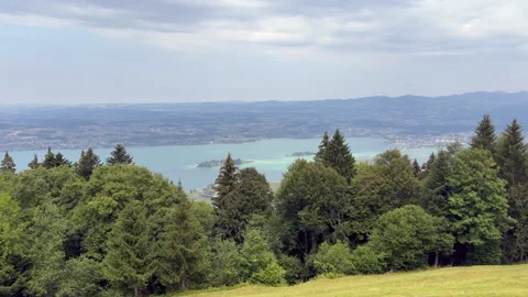 4K Panoramic View from Etzel Mountain over Ufenau Island and Lake Zurich, S.. Stock Footage 340516010