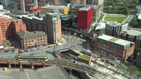 4K Panoramic view heavy traffic street Manchester public transportation emblem  Stock Footage 60064787