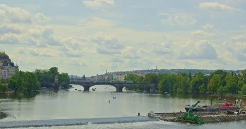 4K Panoramic View of Prague’s Iconic River on a Sunny Summer Day Stock Footage 245445751