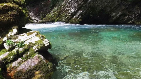 4K. Panoramic view of Radovna river, wich flows in Vintgar Gorge. Video stock 65226882
