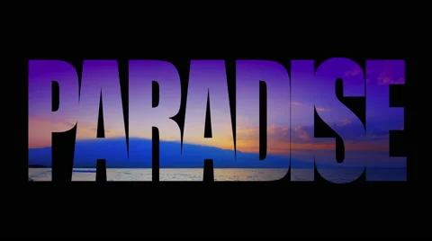 4K Paradise Animated Typography Text, Purple Sunrise Over Islands and Beach Stock Footage 68731567