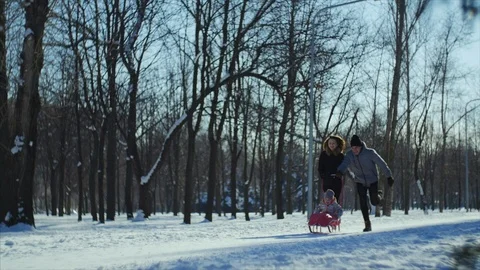 4K Parents push the sledge with their baby inside Vidéo 102724913