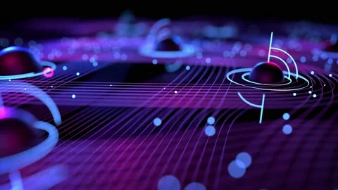 4k particle lines with animated lights over black planets spheres in space Stock Footage 208699519