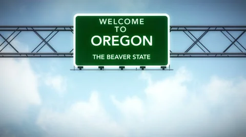 4K Passing Oregon USA State Border Welcome Road Sign with Matte 2 stylized Video stock 47607272