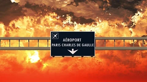 4K Passing Paris Charles De Gaulle Airport France Highway Sign in the Sunset  Stock-Footage 66290339