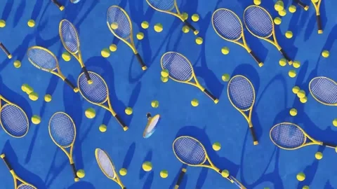 4K Pattern of Yellow Tennis Rackets and Balls on Blue Court Surface Stock-Footage 332156904