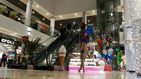 4K People Are Moving Up &amp; Down On Escalator In Shopping Mall Stock Footage 83721406