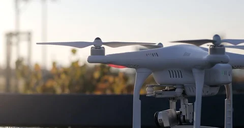 4k phantom drone ready to fly propeller screw moving round signal lights Stock Footage 95165600