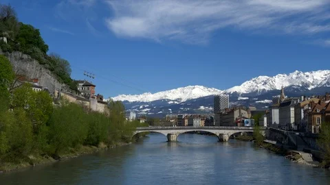 4K Picturesque Grenoble, France. Cable Car Over The River. Stock Footage