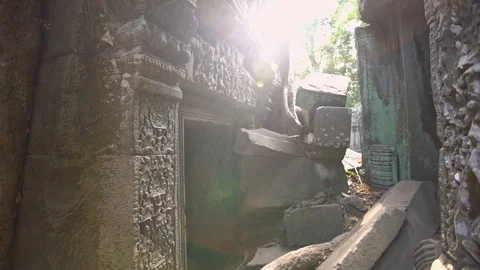 4K, Pile of rubble blocks of Ta Phrom temple. Architectural doors in Angkor.-Dan Stock Footage 119059902
