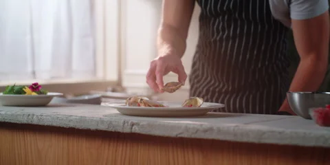 4K Plating Oyster Dish - Slow Motion Seafood Restaurant 2 Видео 257049640