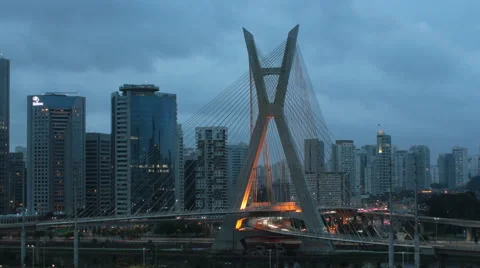 4K Ponte Estaiada Bridge. Time lapse day to night. Sao Paulo City, Brazil. Stock Footage