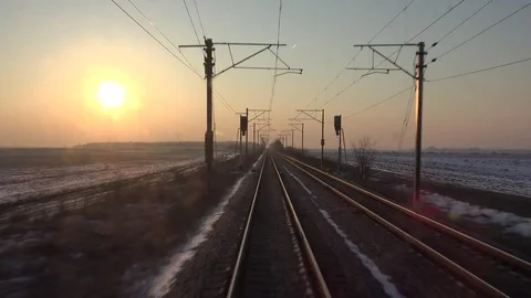 4K POV Point of view train traffic at sunrise winter day sunset sun silhouette Stock Footage 80067343