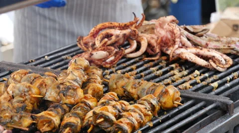 4k, preparation of squids on the grill, close up  2 Stock-Footage 65994257