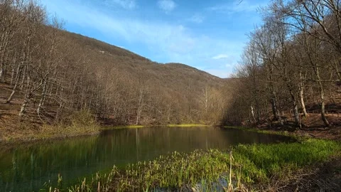 4K Pristine Mountain Lake - Late Winter Transition &amp; Nature Reflection Backgroun Video stock 332373409