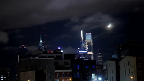 4K RAPID LOW ANGLE TIMELAPSE OF DARK PHILADELPHIA SKYLINE Stock Footage 131277826