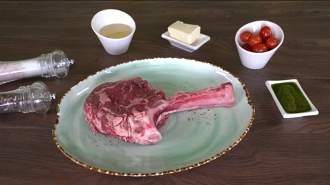 4K . Raw Tomahawk steak is a rib eye served on a long, stripped rib. Stock Footage 146804284