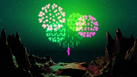 4K real fireworks on background of rocks and starry night. Abstract blur of Stock Footage 257449849
