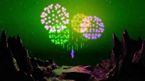 4K real fireworks on background of rocks and starry night. Abstract blur of Stock Footage 260708235