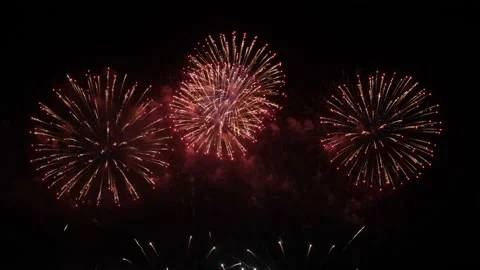 4k real fireworks with different pattern and colors on dark sky background Stock Footage 145261535
